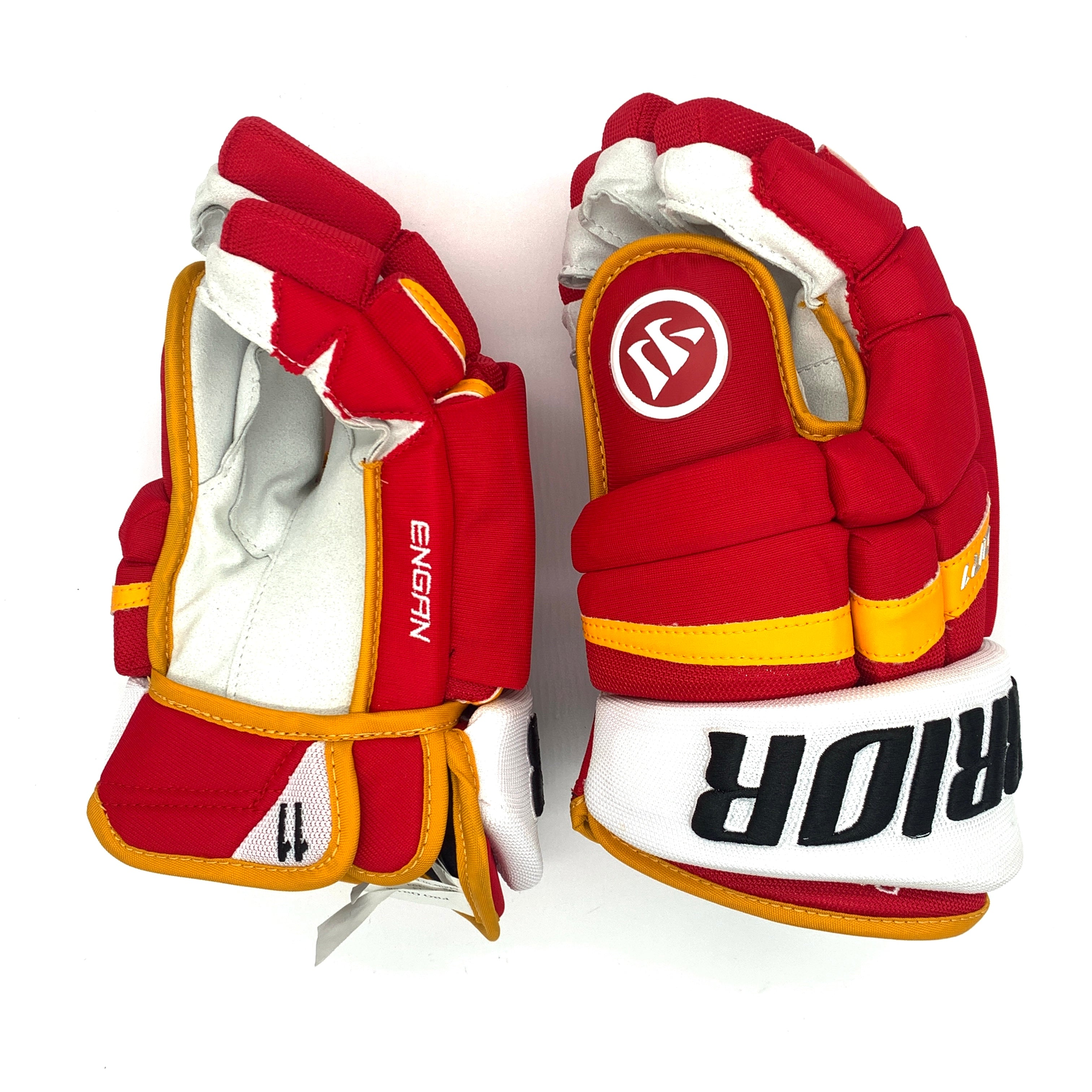 Warrior Covert QR1 Pro - Gant NHL Pro Stock - Mikael Backlund (Rouge/Jaune/Blanc)